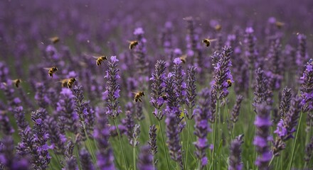 Fototapeta premium Bees Collecting Nectar From Blooming Lavender Field in Summer Season