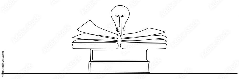 Poster light bulb above book and stack of books continuous one line art drawing. line drawing open book wit
