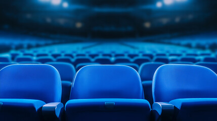 Naklejka premium Empty blue seats filling large auditorium awaiting audience arrival