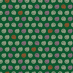 Spirals - Green vector repeat pattern design with colorful and playful swirls. Perfect for packaging design, cute fabrics or home decor products. 