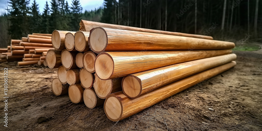 Poster Stack of debarked logs creating a lumber texture in forest setting