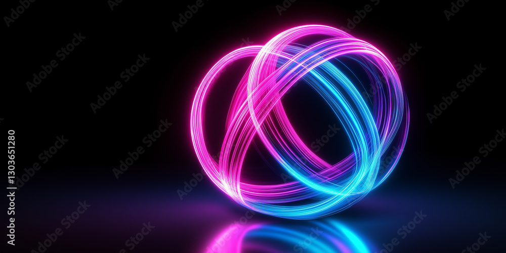 Poster intertwined neon lights creating a sphere shape on dark background