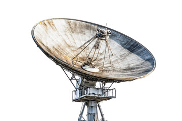 Exploring the massive satellite dish under a bright blue sky at a remote research facility isolated on transparent background