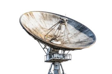 Exploring the massive satellite dish under a bright blue sky at a remote research facility isolated on transparent background