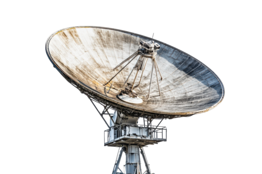 Exploring the massive satellite dish under a bright blue sky at a remote research facility isolated on transparent background