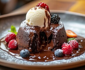 Delicious chocolate lava cake served with fresh berries and vanilla ice cream