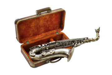 A vintage saxophone resting in its elegant case, inviting you to play sweet melodies of the past isolated on transparent background