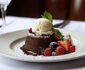 Delicious chocolate lava cake served with fresh berries and vanilla ice cream