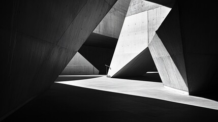 Fototapeta premium Black and white abstract architectural structure featuring geometric shapes and light play