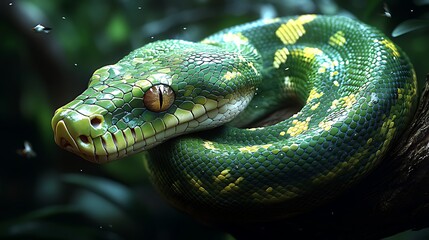 Fototapeta premium Green tree python coiled, rainforest, insects, nature, wildlife, poster