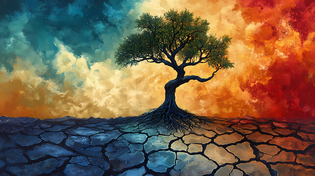 A lone tree grows amidst a parched and cracked landscape. Rebirth - Phoenix. Illustration