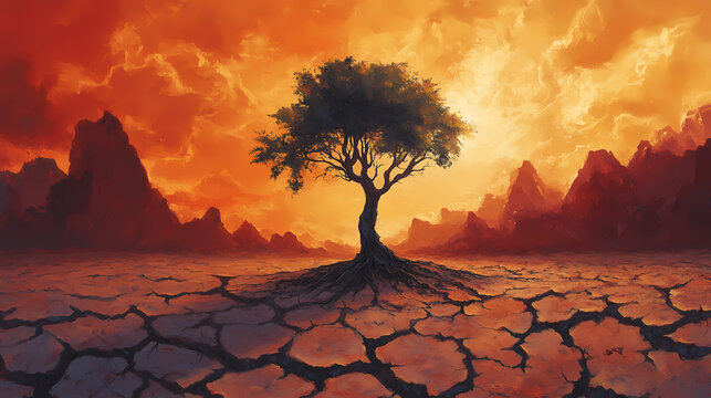 A lone tree grows amidst a parched and cracked landscape. Rebirth - Phoenix. Illustration