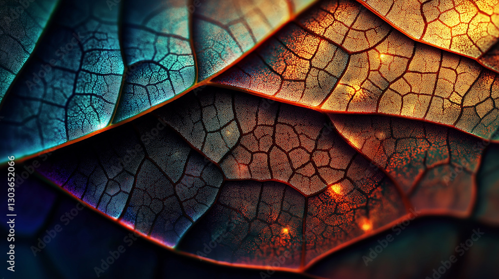 Poster glowing veins forming intricate patterns on metallic leaf surface