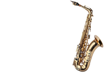 A gleaming saxophone rests elegantly against a neutral backdrop, ready for a soulful performance isolated on transparent background