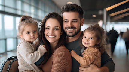 Obraz premium Happy family smiling together at airport terminal before traveling