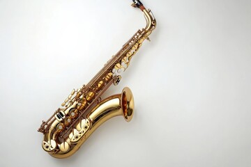 A gleaming golden saxophone resting against a soft white backdrop showcasing its intricate design isolated on transparent background