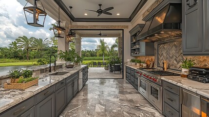 Modern outdoor kitchen with lake view, open plan, luxury