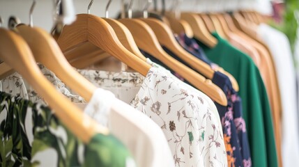 Close-up of elegantly arranged clothing on hangers showcasing floral and colorful designs in a boutique
