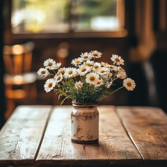 Rustic Country Style Floral Arrangement with Daisies on Wooden Table in Serene Home Interior