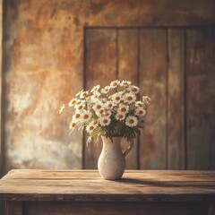 Rustic Floral Arrangement in Vase on Wooden Table with Daisies