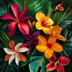 Fototapeta premium Tropical Floral Arrangement: Vibrant Hibiscus, Plumeria & Exotic Greenery