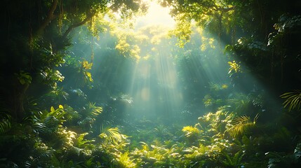 Fototapeta premium Sunbeams pierce lush jungle canopy, vibrant foliage, mystical background, nature scene