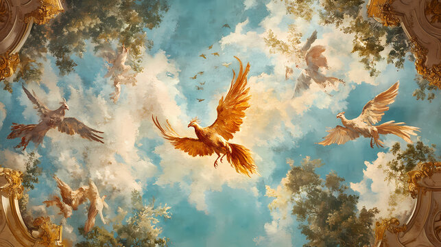 Ceiling fresco in a grand palace. Rebirth - Phoenix. Illustration