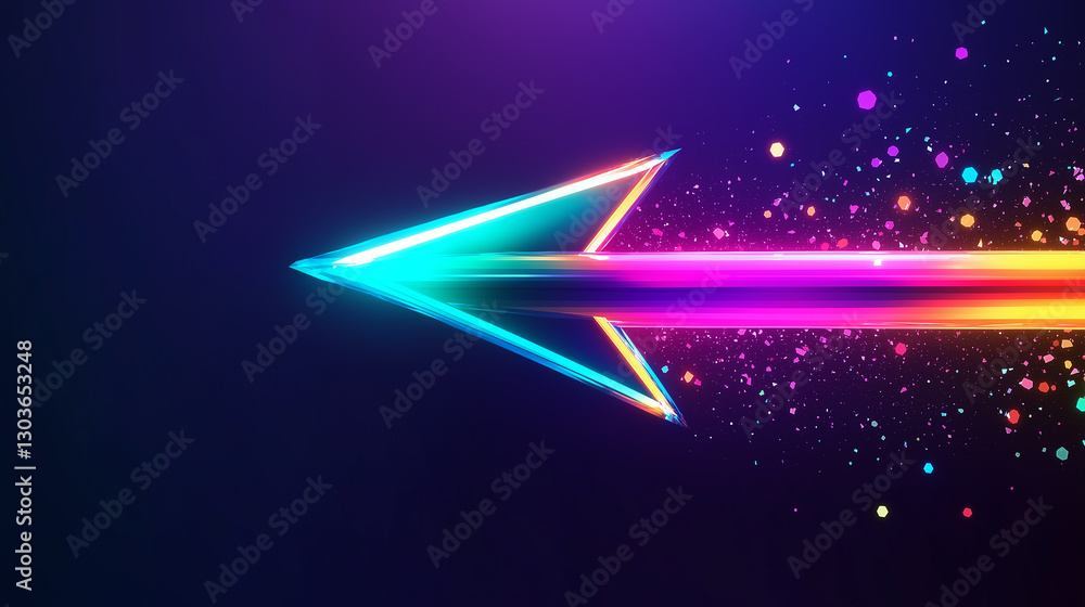Aufkleber glowing neon arrow pointing left with multicolored particles trail on dark background