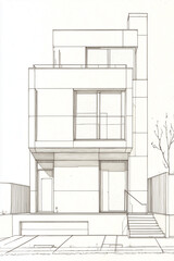 Minimalist geometric house line-art on blueprint for T-shirt design