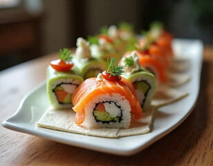A close-up image of a plate of sushi rolls with various ingredients, including salmon, avocado, and vegetables, garnished with fresh herbs.