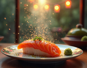 A plate of sushi with a slice of salmon on a bed of white rice, garnished with a sprig of herbs, is presented on a wooden table with a blurred background featuring a window and lights.