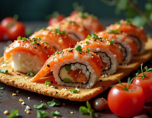 A close-up image of a platter of sushi rolls with orange salmon, white rice, and green herbs, accompanied by cherry tomatoes and herbs on a dark background.