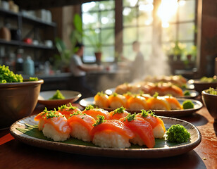 The image shows a close-up of a plate of sushi with orange-colored fish and green garnishes, with blurred background of a kitchen and people.