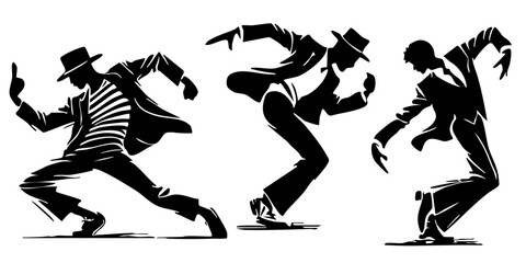 Moonwalk dance silhouette. Black and white dancers set. Dancer sketch vector. Dynamic dancing people poses illustration. © Kate