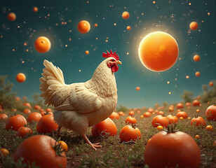 A white chicken with a red comb and wattle stands amidst a field of orange tomatoes, with a glowing orange moon and scattered orange spheres in the night sky above.