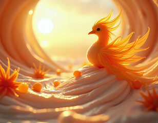 A digital illustration of a fantastical bird with vibrant orange feathers and a yellow head, perched on a surface with a sunlit background.