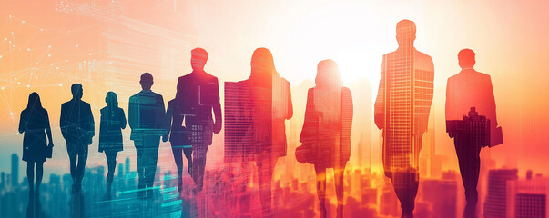 Businesspeople walking towards bright future in smart city