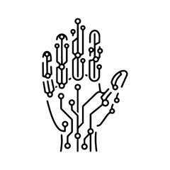 human hand interconnected printed circuit lines board, vector logo monochromatic black transmission line