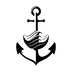 anchor with waves vector illustration, nautical black silhouette