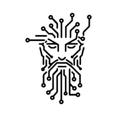 bearded face interconnected printed circuit lines board, vector technology logo