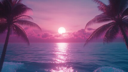 Pink Sunset over Ocean with Palm Trees creating a dreamy tropical paradise view