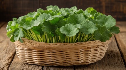 Fototapeta premium Fresh greens in a basket on a rustic wooden table