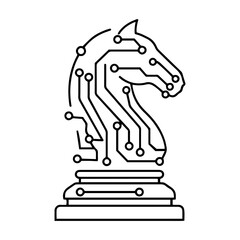 chess knight interconnected printed circuit lines board, vector technology logo, monochromatic black outline transmission line © Kaz