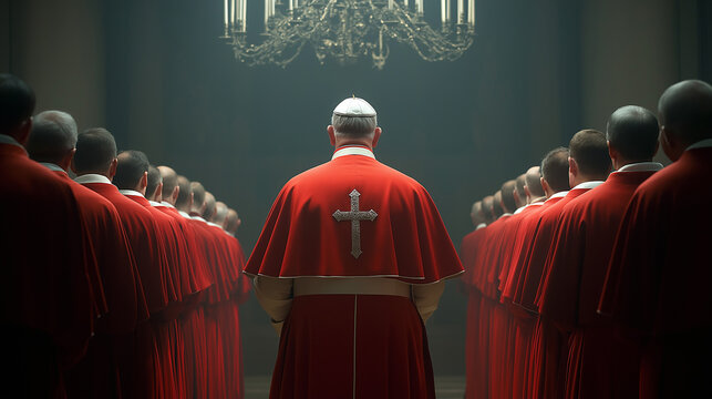 Pope leading cardinals in red cassocks during religious ceremony