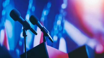 Close-up of microphones on podiums with colorful background lights during a public speaking event