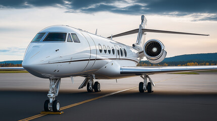 Modern gulfstream g550 private jet parked on tarmac at sunset
