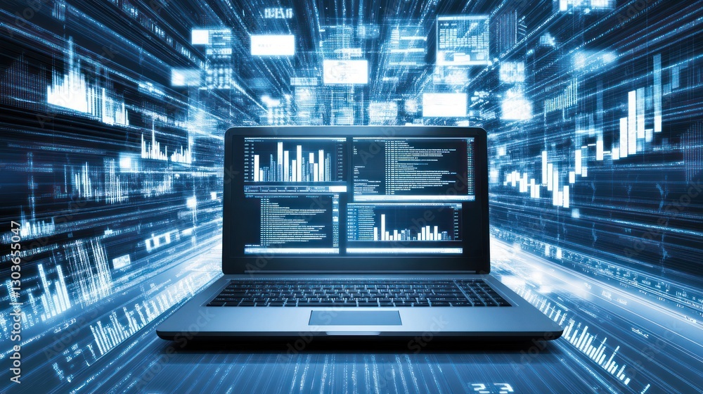 Poster laptop in data stream; digital coding; fast internet speed; conceptual technology