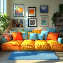 Colorful couch and art in bright living room
