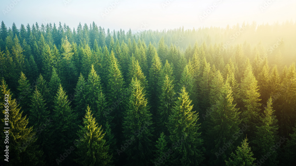 Poster aerial view of a dense pine tree forest with sunlight shining through the trees, representing nature