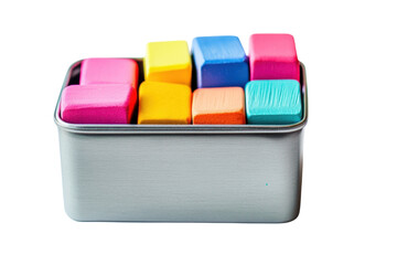 Brightly colored wooden blocks arranged neatly in a tin container on a clean white surface isolated on transparent background